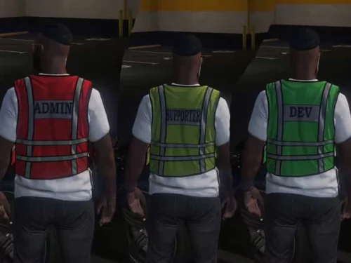 Admin-Staff- und Developer-Westen-Rückentexturen, gezeigt in FiveM