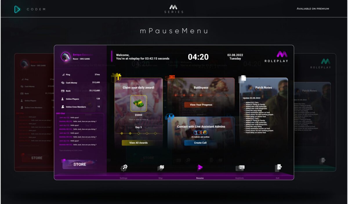 CodeM mPausemenu — Advanced Pause Menu CodeM mPausemenu — Menu de pause avancé FiveM aperçu de la ressource
