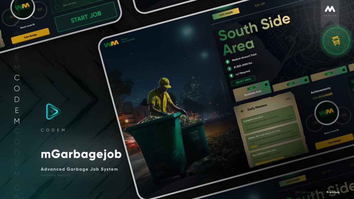 CodeM mGarbagejob — Advanced Co-Op Sanitation Job CodeM mGarbagejob — Trabajo Avanzado de Saneamiento en Co-Op FiveM vista previa del recurso