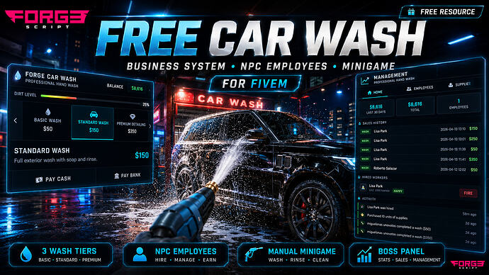 Lavage de voitures | Système d'entreprise, Employés PNJ et Mini-jeu réaliste | ESX & QB-Core