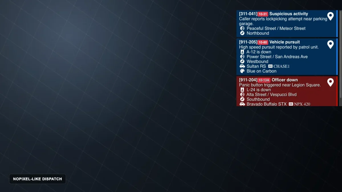 Aperçu de la répartition de type NoPixel avec appels prioritaires, marqueur GPS, détails du véhicule et de l'emplacement