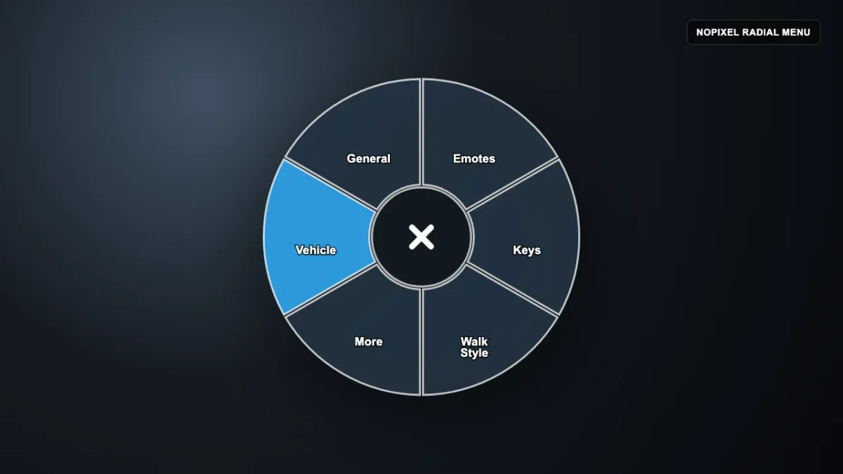 Aperçu du menu radial NoPixel UI avec des secteurs pour les véhicules, général, les émoticônes, les clés, le style de marche et plus encore.