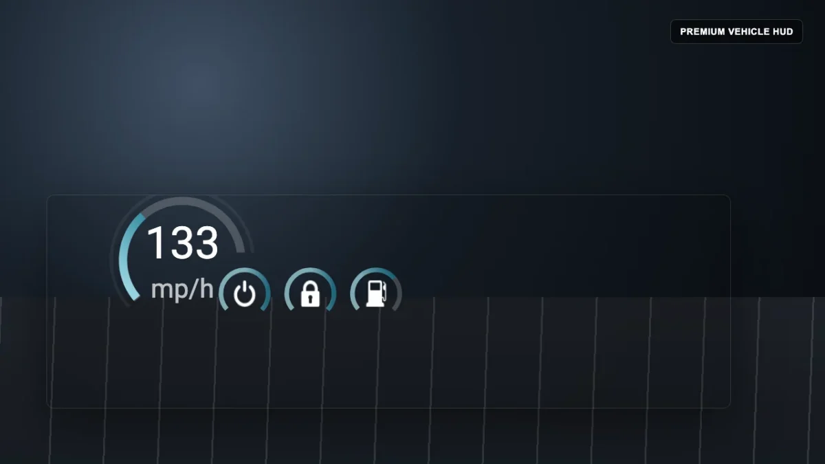 Aperçu du véhicule premium HUD avec indicateurs de vitesse, moteur, verrouillage et carburant