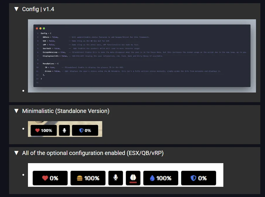 Configuration and interface preview for a minimalistic FiveM HUD